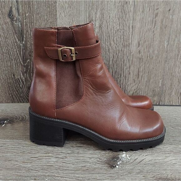 Vintage 90s Nicole 'Huey' Brown Leather Chunky Boots Size 7.5 - Picture 1 of 10